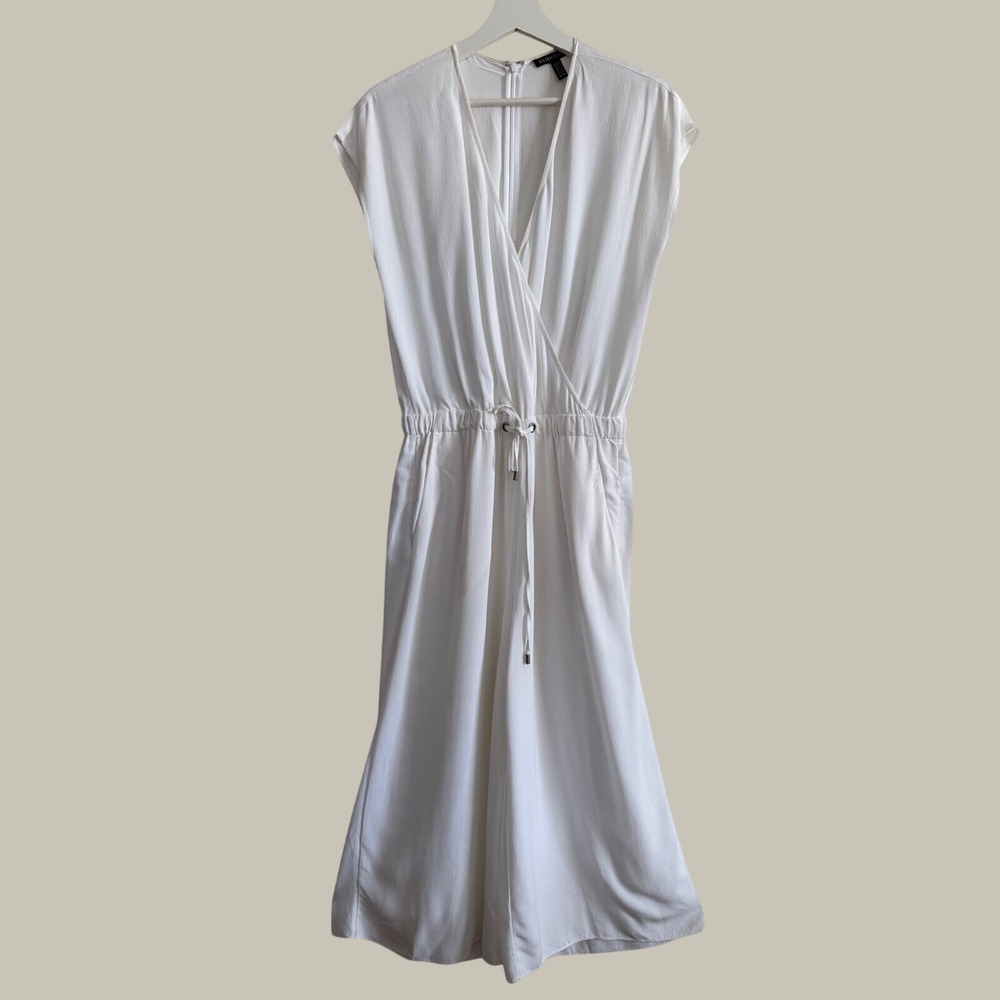 Eileen Fisher White‎ V-Neck Wide-Leg Jumpsuit Short Sleeve Drawstring Waist  XS